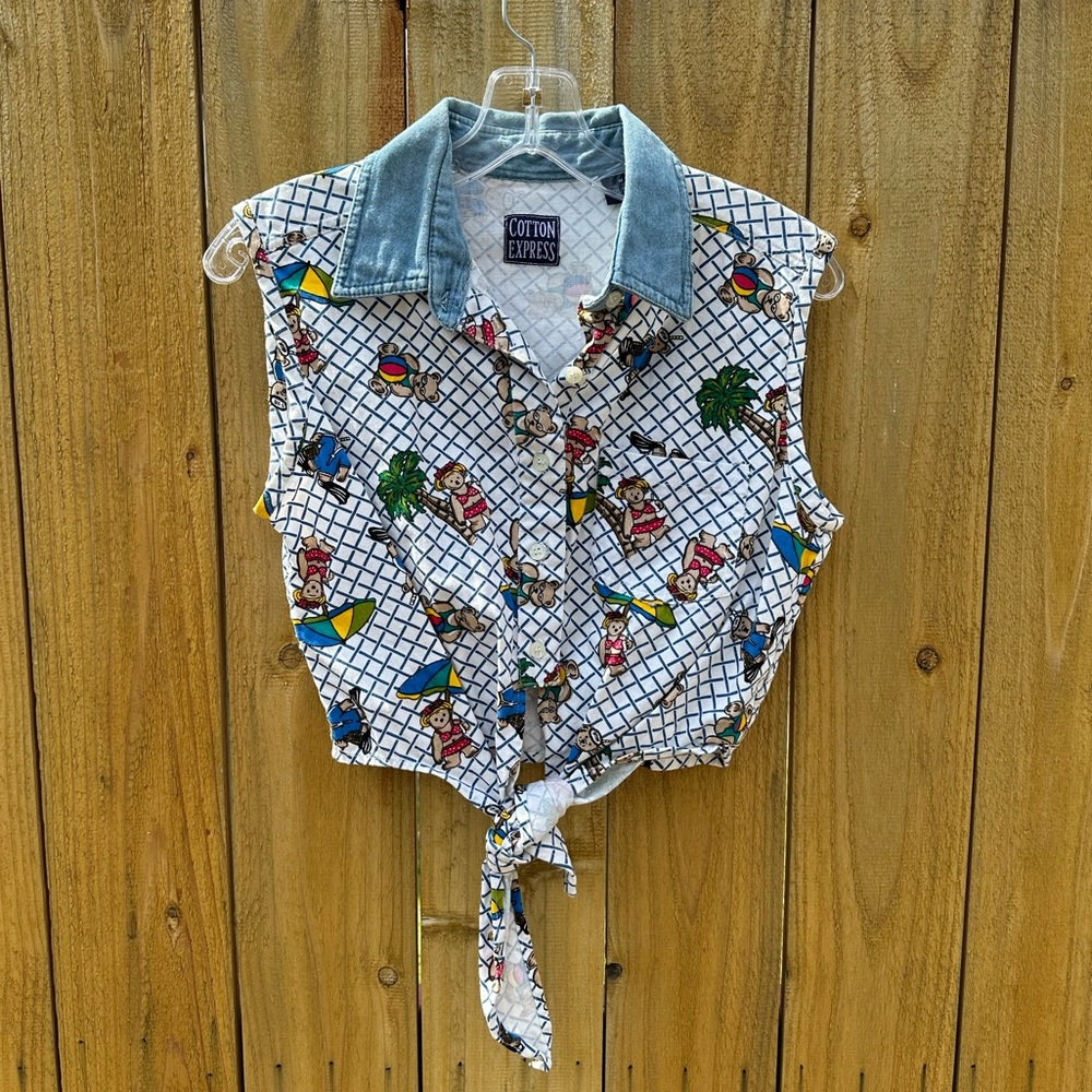 Vintage Cotton Express Collared Summer Bear Patterned Crop Top Size M